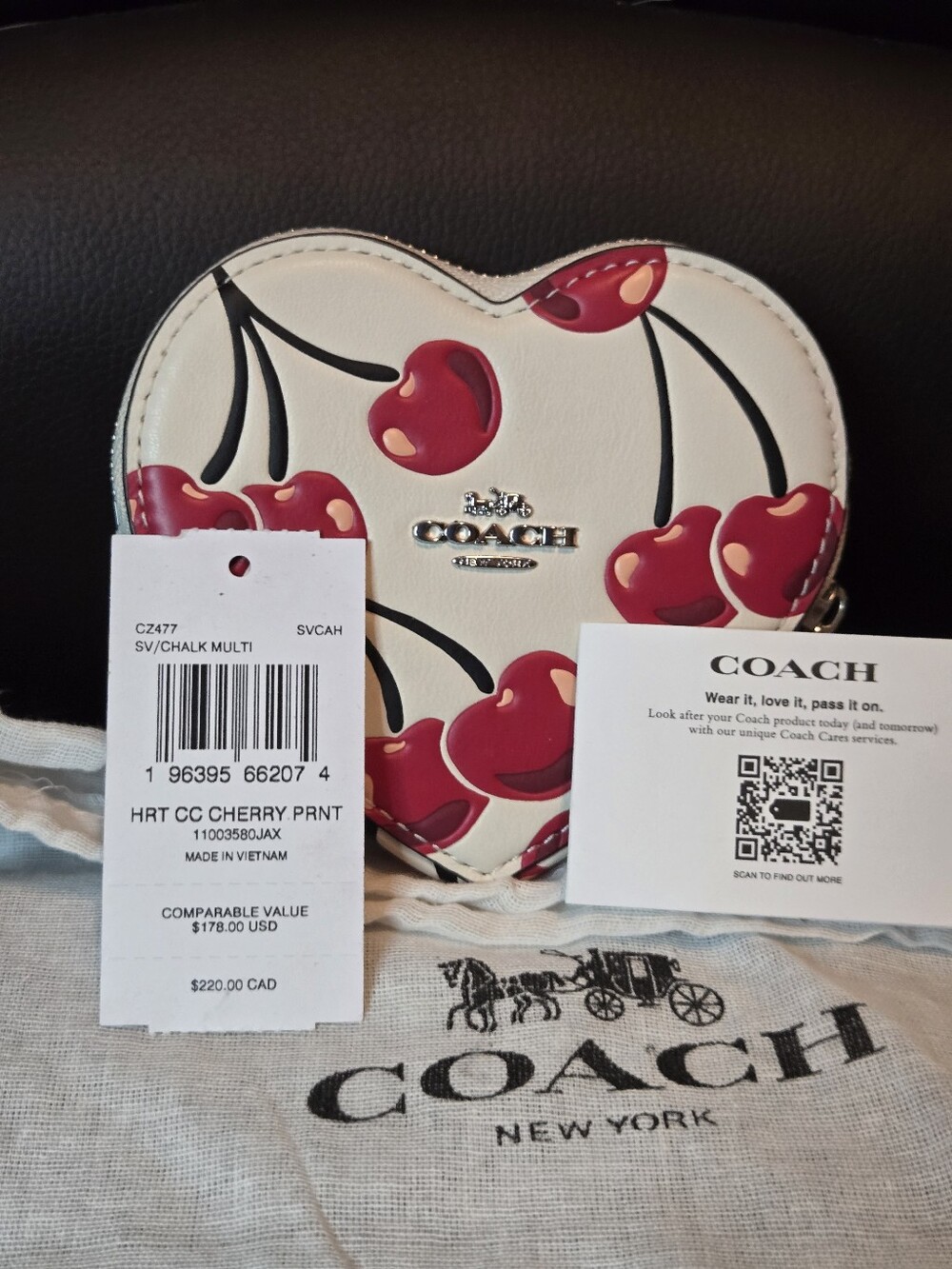 Coach Cherry Heart Coin Case - White with Red Cherry Print, And Coach Dustbag
